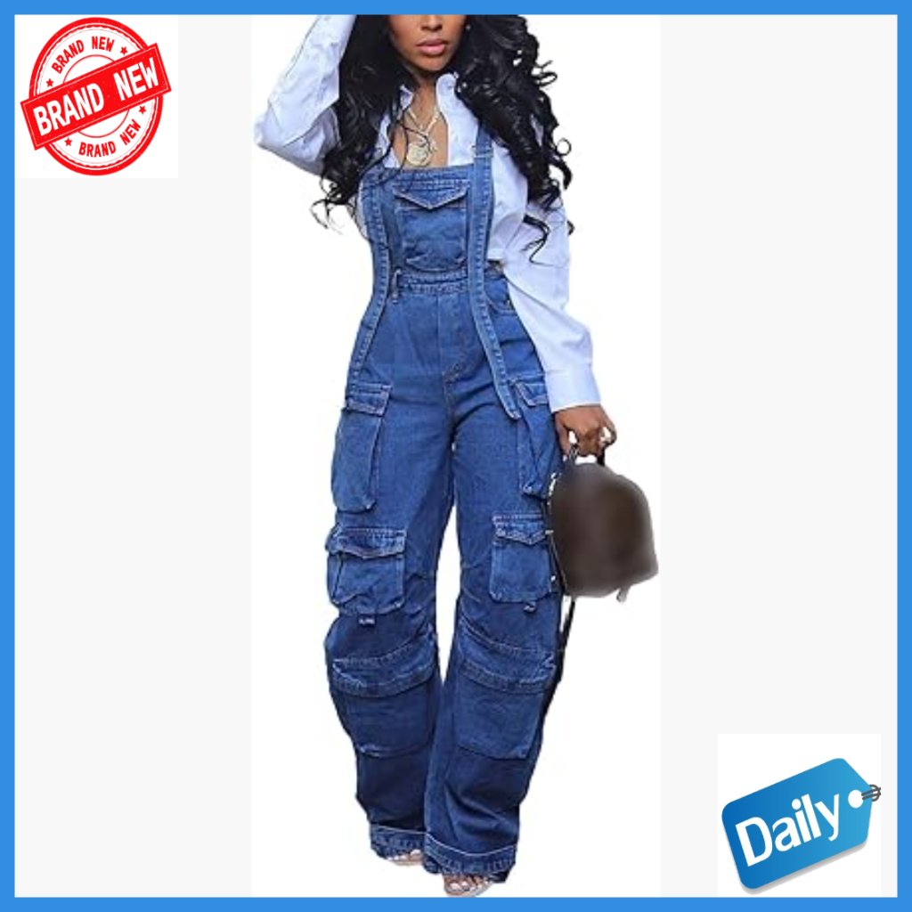 Women's Denim Cargo Overall Jumpsuit Wide Leg Baggy Stretch Casual Romper